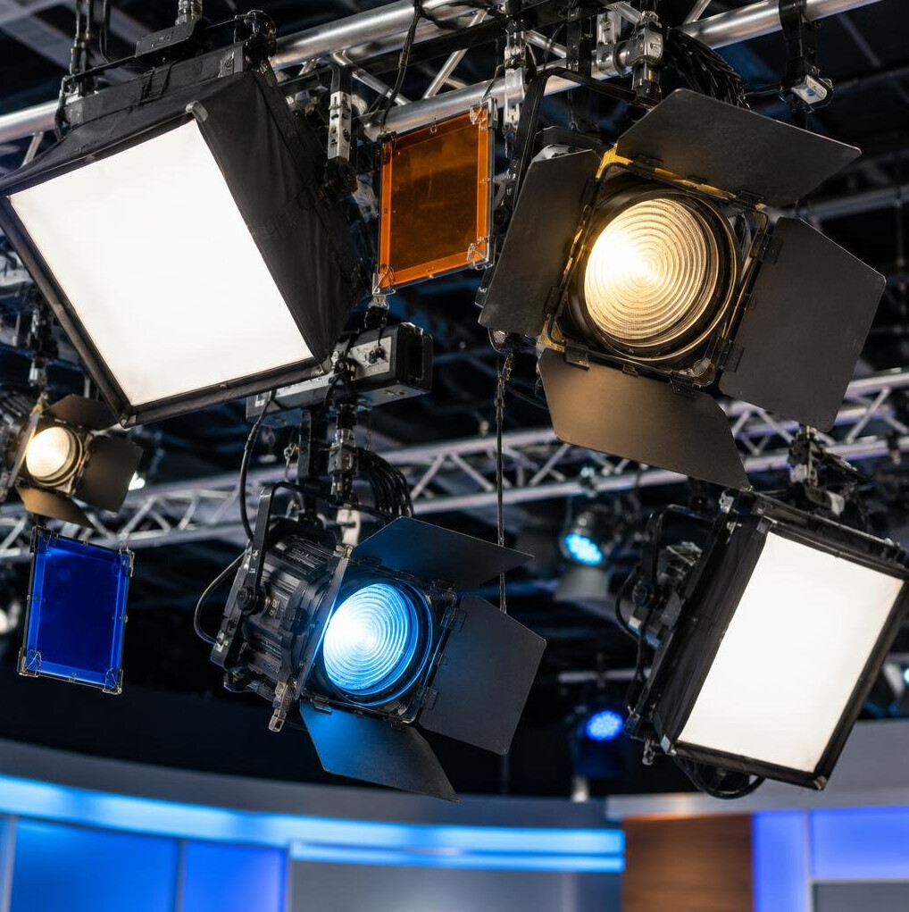 Studio lighting grid with softbox and Fresnel fixtures