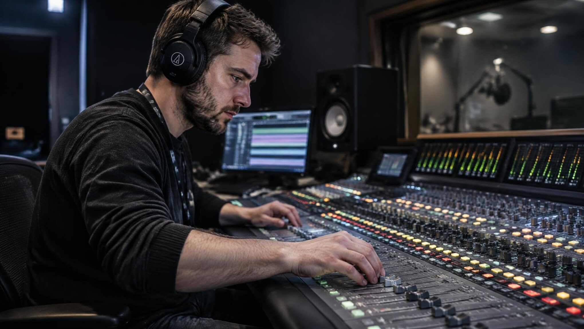 Audio engineer adjusting a live sound mixing console in a studio