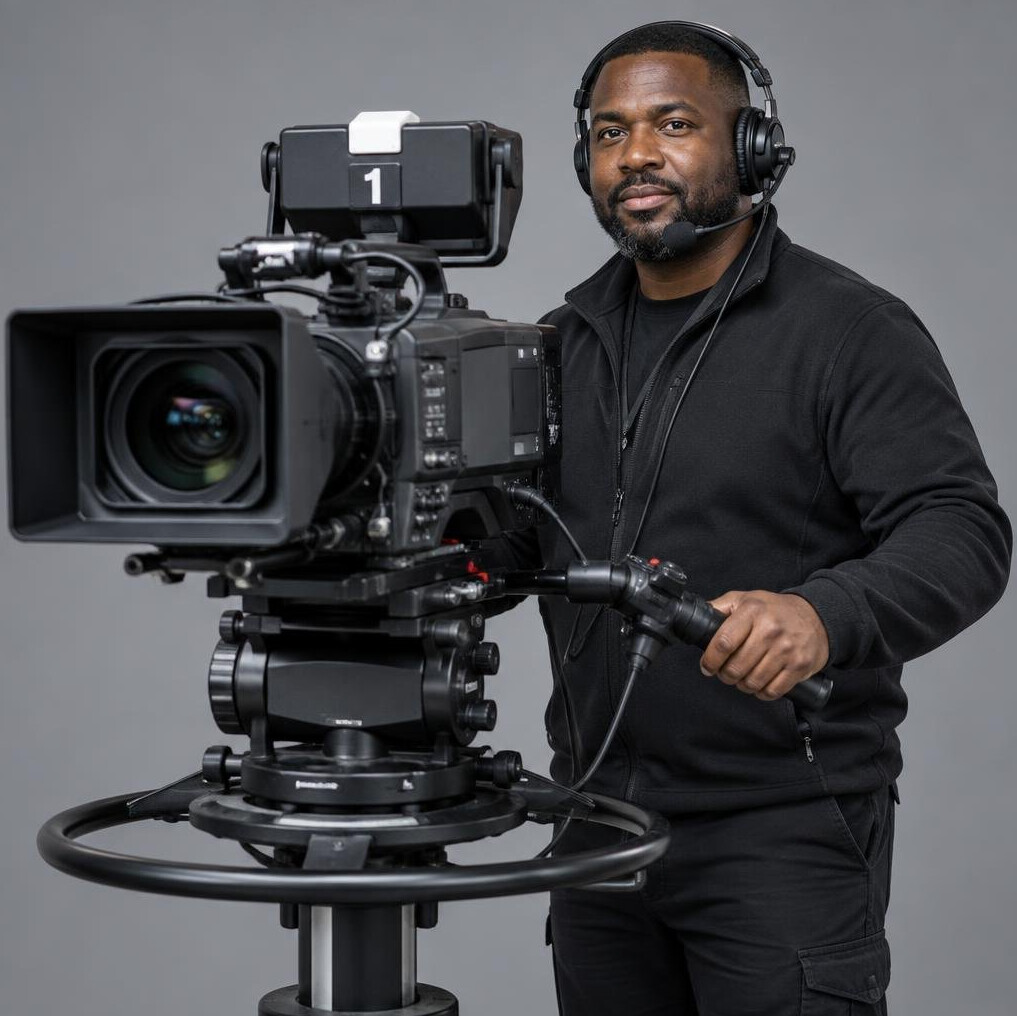 Camera operator filming with a broadcast television camera on a pedestal