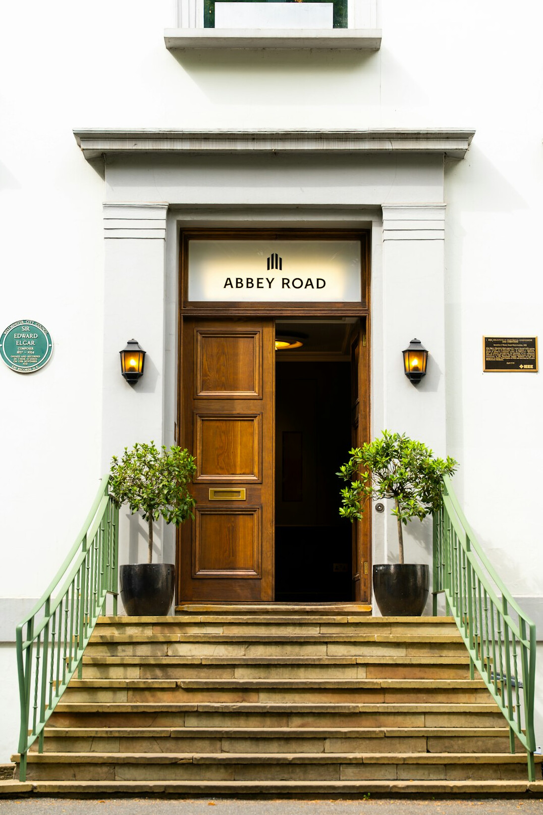 Reception area of a television studio building with signage